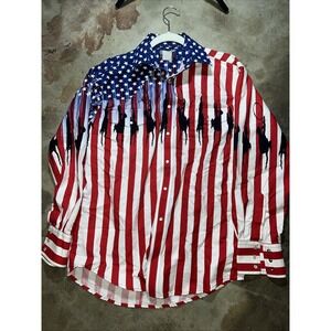 Wrangler western shirt USA Flag Roper cowboy all over print Vintage Pearl Snap L